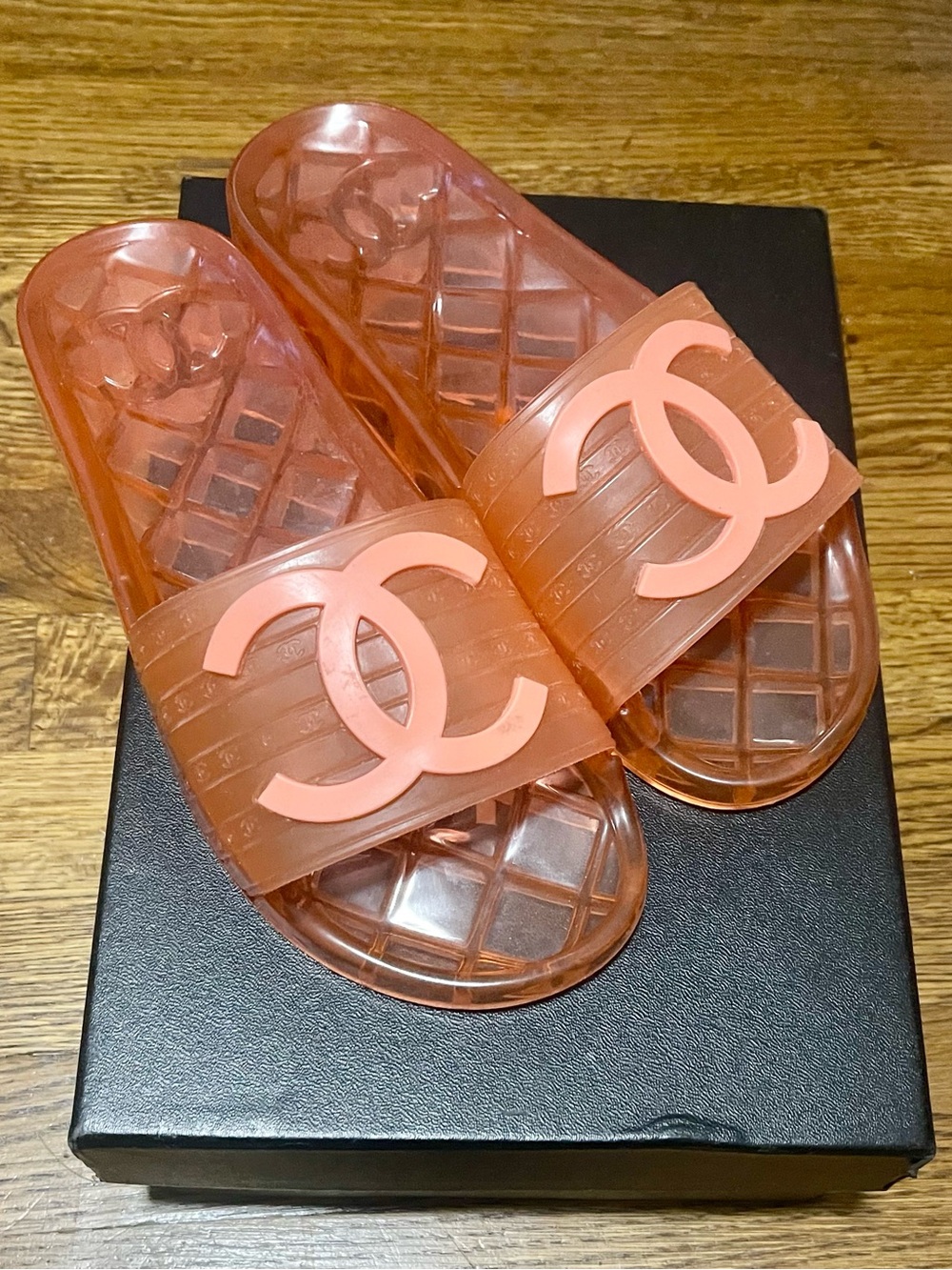 CHANEL Coral Pink Jelly Logo Slide Sandals